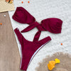 2025 New Sexy Burgundy Bikini Set with Gold Detail- Bandeau Top with High-Cut Bottoms, Perfect for Summer Beach and Pool Parties
