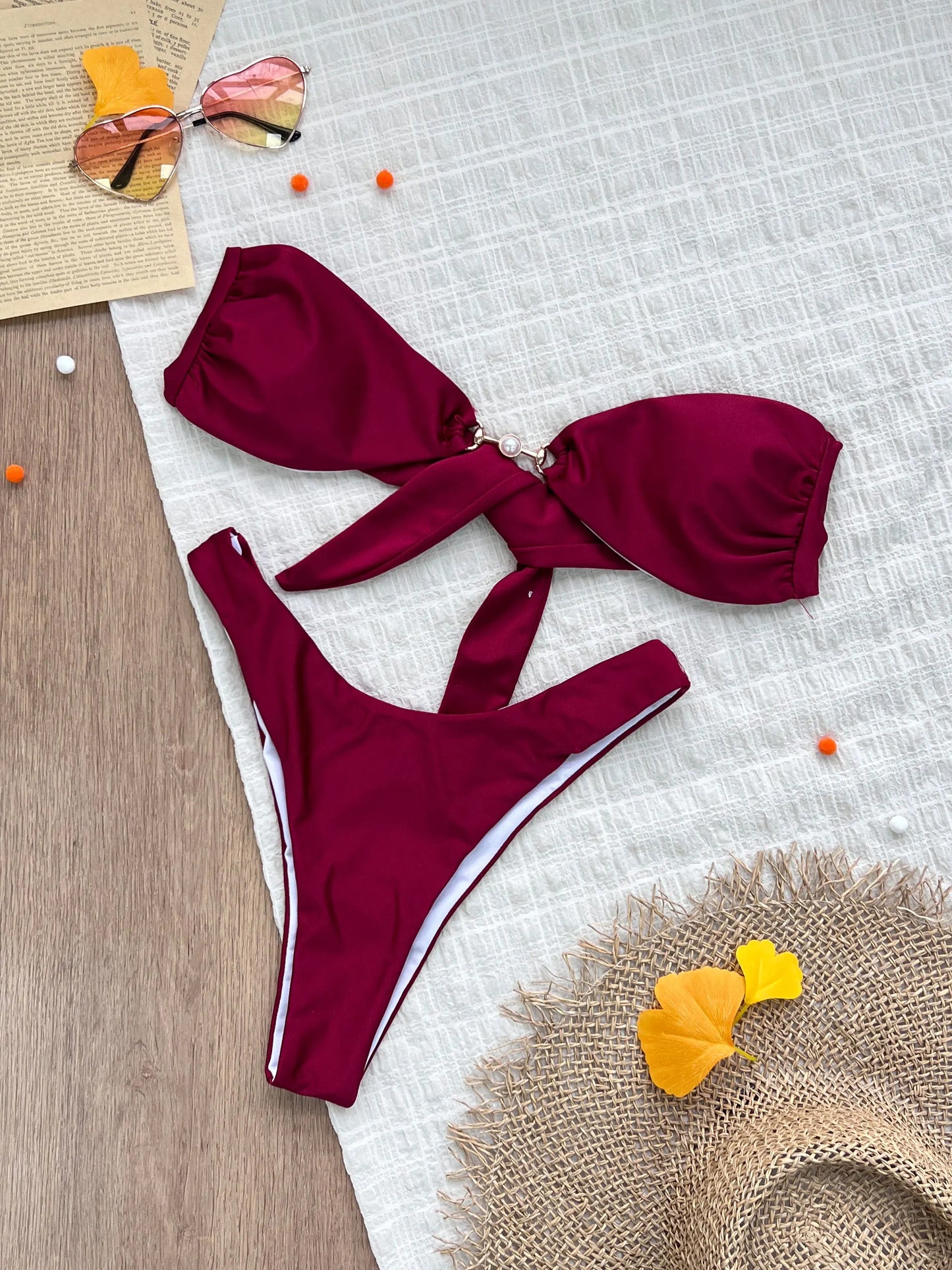 2025 New Sexy Burgundy Bikini Set with Gold Detail- Bandeau Top with High-Cut Bottoms, Perfect for Summer Beach and Pool Parties