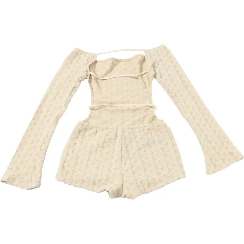 2025 Spring Women's Clothes Above Knee Sexy Knit Rib Romper One Piece Off Shoulder Long Sleeve Skinny Short Jumpsuits Playsuits