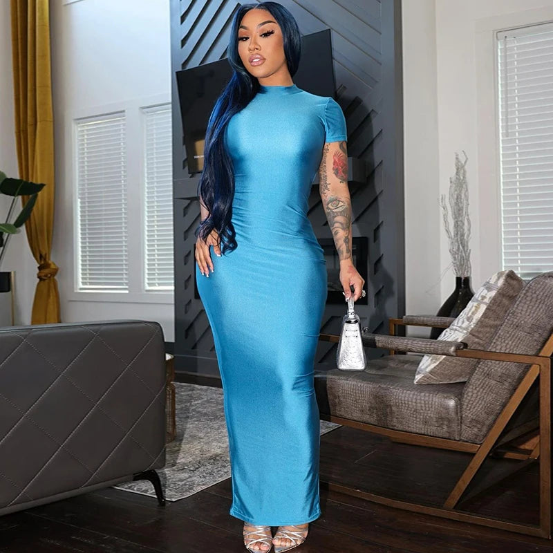 Hugcitar Pure Color O Neck Short Sleeve Slit Sexy Bodycon Slim Maxi Prom Dress 2024 Summer Women Elegant Party Festival Clothes