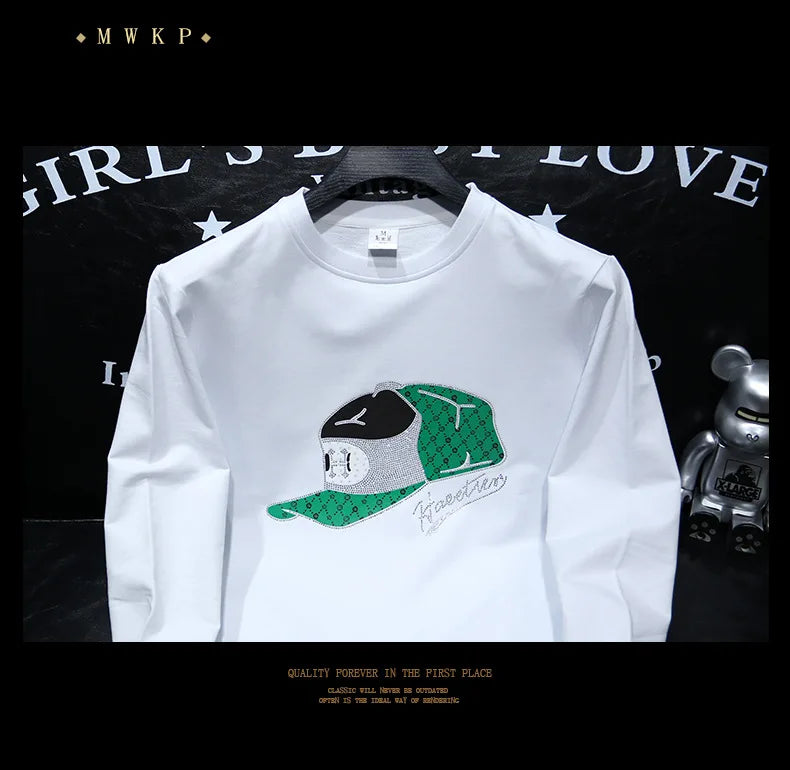 Round Collar Men's Pullover New Male Hoodies Personalized Hat Hot Diamond Print Fashionable Top Youth Bottoming Shirt Clothing