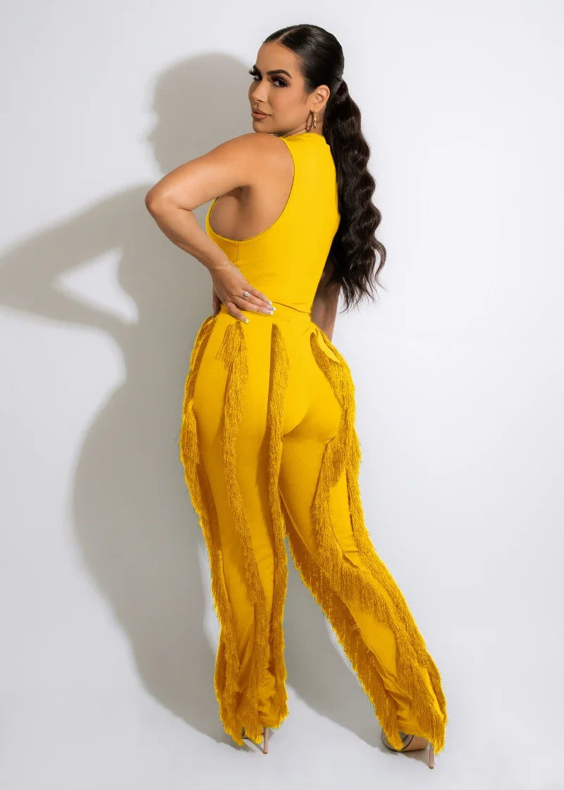 Solid Tank Pants Tassel Two Piece Sets Women Fashion Sleeveless Bodysuits Top Drawstring High Waist Fringed Wide Leg Trousers
