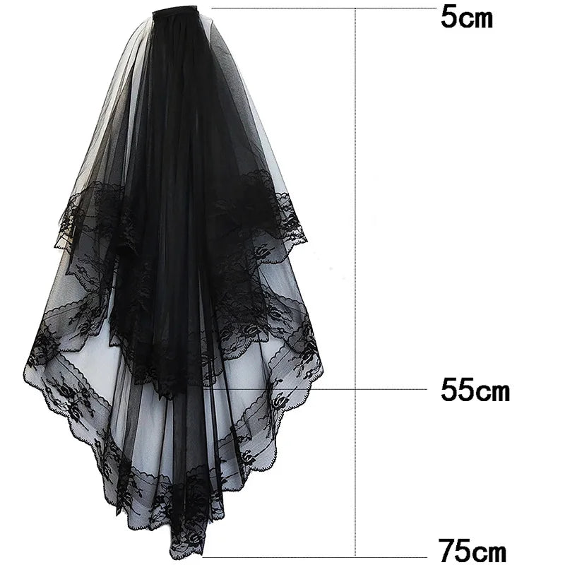 2 Tier Black White Flower Lace Edge Bridal Veils with Comb Elegant Vintage Wedding Cosplay Performance Hair Accessories