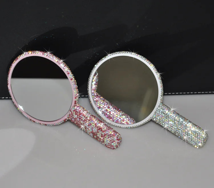 Women's Mirror Eyelash Extension Mirror Sticking Diamond Hand Mirror Fashionable High-end Beauty Handle Mirror Cosmetics Mirrors