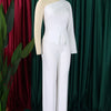White 2 Piece Sets Women Outifits Autumn Slanted Shoulder Nail Bead Top Pants Two-piece Party Lady Matching Sets OL Fashion Suit