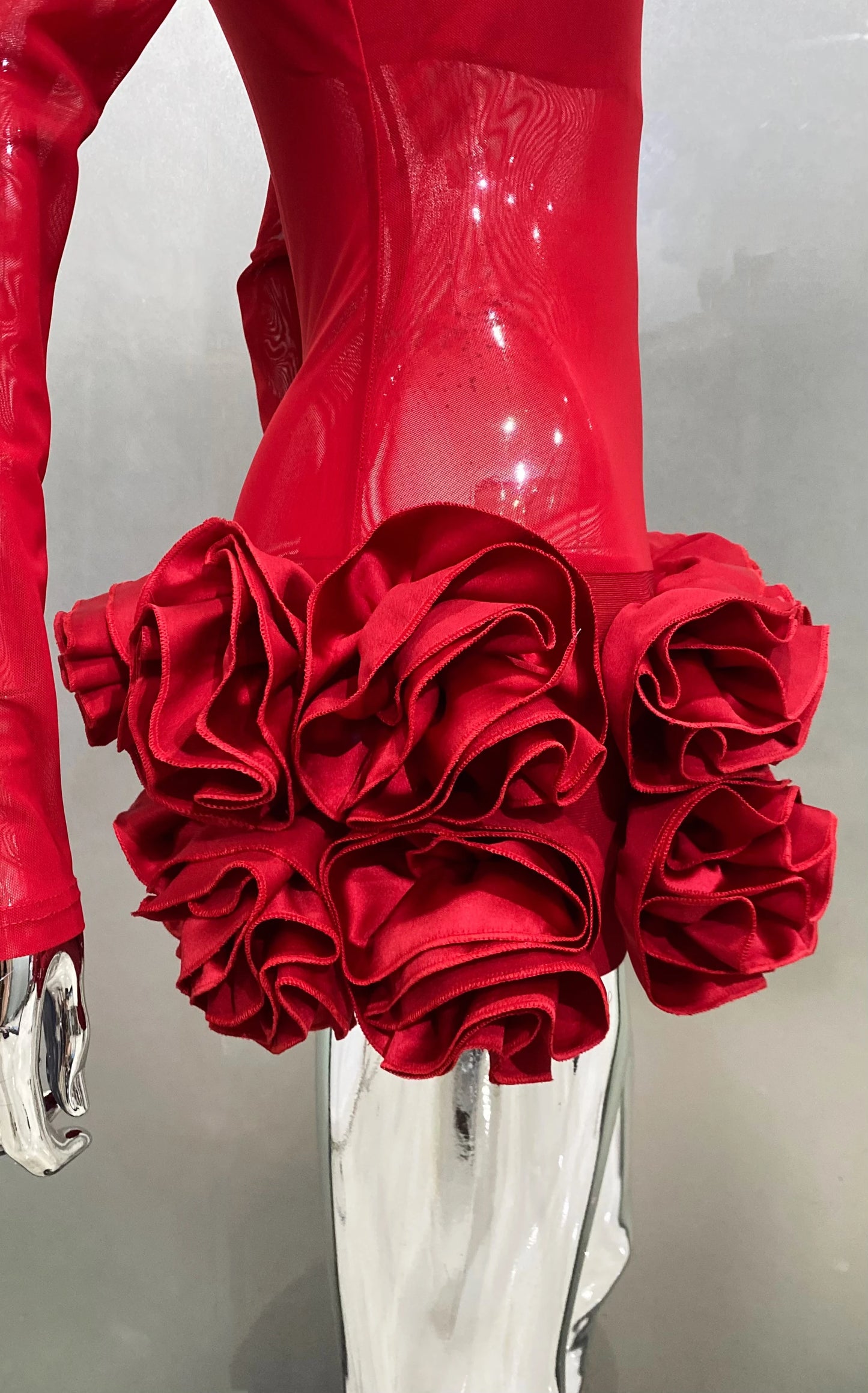 2024 New Sexy Mesh See through Stereoscopic Flowers Red Mini Evening Dress Sweet Woman Birthday Party Dress Performance costume