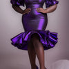 Plus Size Cocktail Party Purple Round Neck Puff Sleeve Half Sleeve Ruffle Glitter Midi Dresses