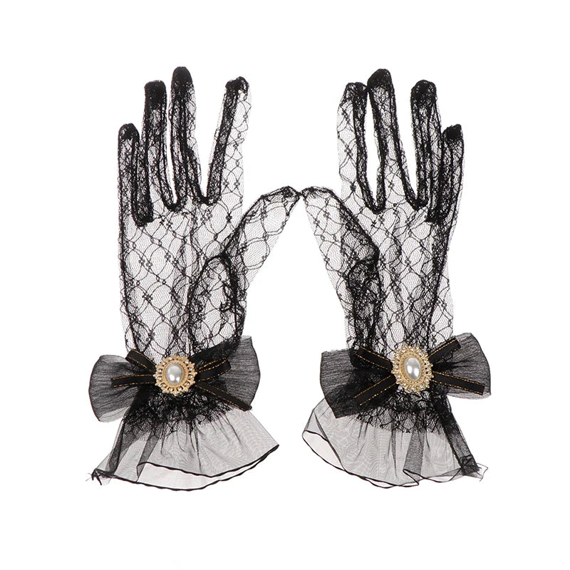 Girl Lolita Mesh Bow Flower Lace Gloves Black White Lace Gloves lolita Lace Sleeves Cosplay Jewelry