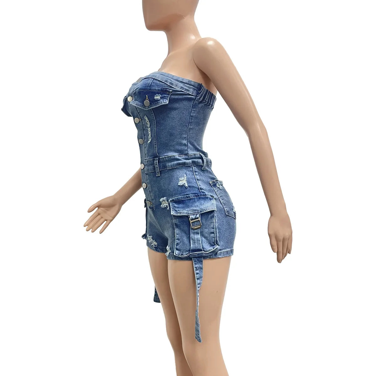 HLJ&GG Blue Sexy Denim Pocket Cargo Bodycon Rompers Women Off Shoulder Sleeveless Backless Slim Jumpsuit Fashion Cowboy Playsuit