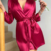 Solid Satin Night Robe Long Sleeve V Neck Robe With Belt Women's Sleepwear
