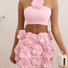 New sexy pink neck hanging backless dress, women's temperament short skirt decoration flower party dress set