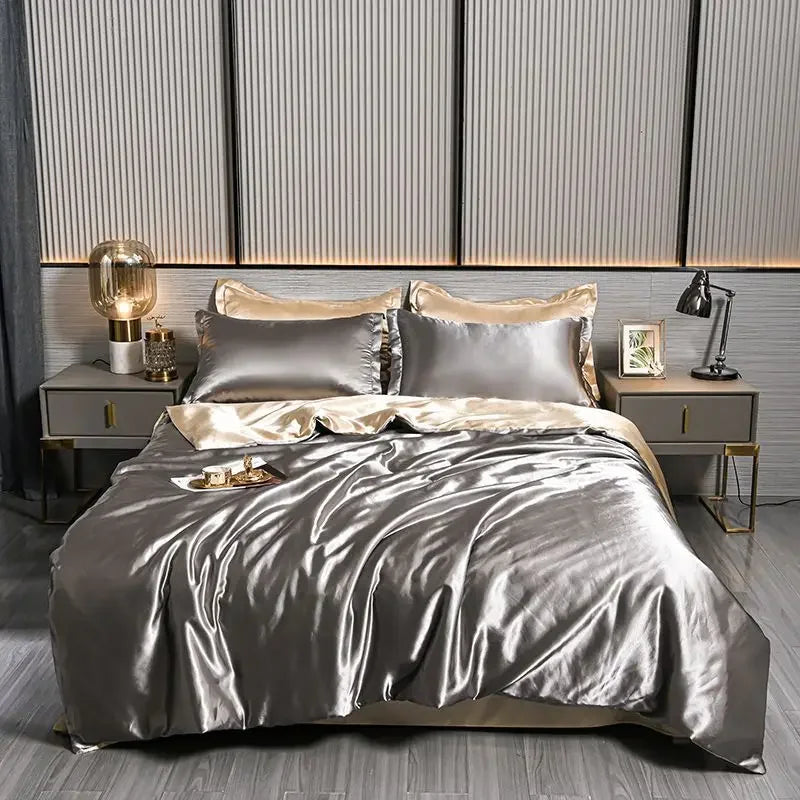 Luxury 100% Silk Bedding Set with Duvet Cover Set Double King Queen Size Bedding Cover Kit 4pcs Bed Cover Bed Linen Sets