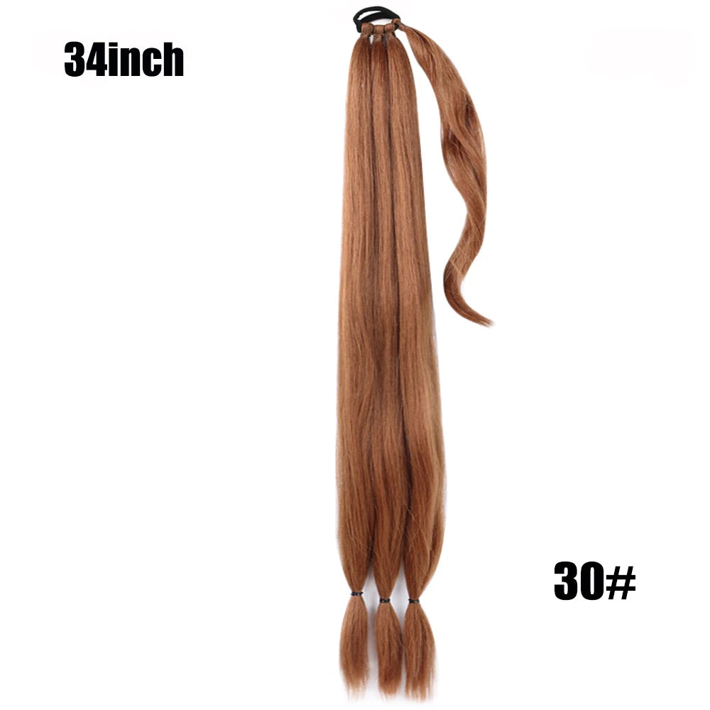 Ponytail Extensions Synthetic Boxing Braids Wrap Around Chignon Tail With Rubber Band Hair Ring 26 Inch Brown Ombre Braid DIY