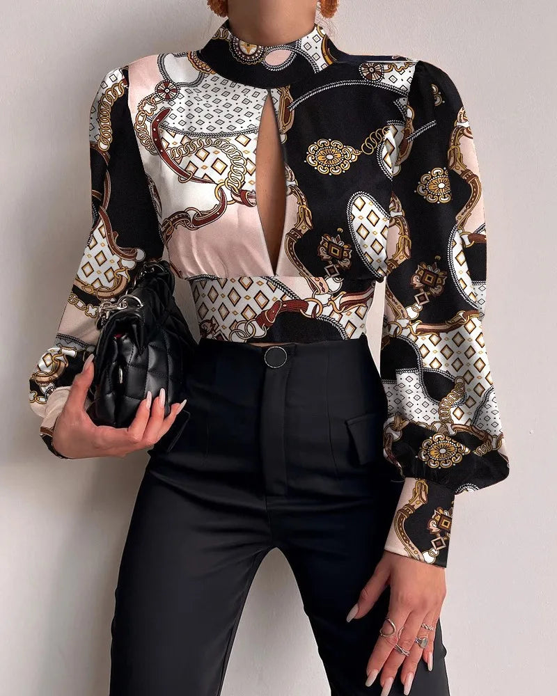Spring Women Sexy Backless Hollow Print Shirts Tops 2024 Casual Stand Long Sleeve Office Lady Blouses Fashion Party Crop Top