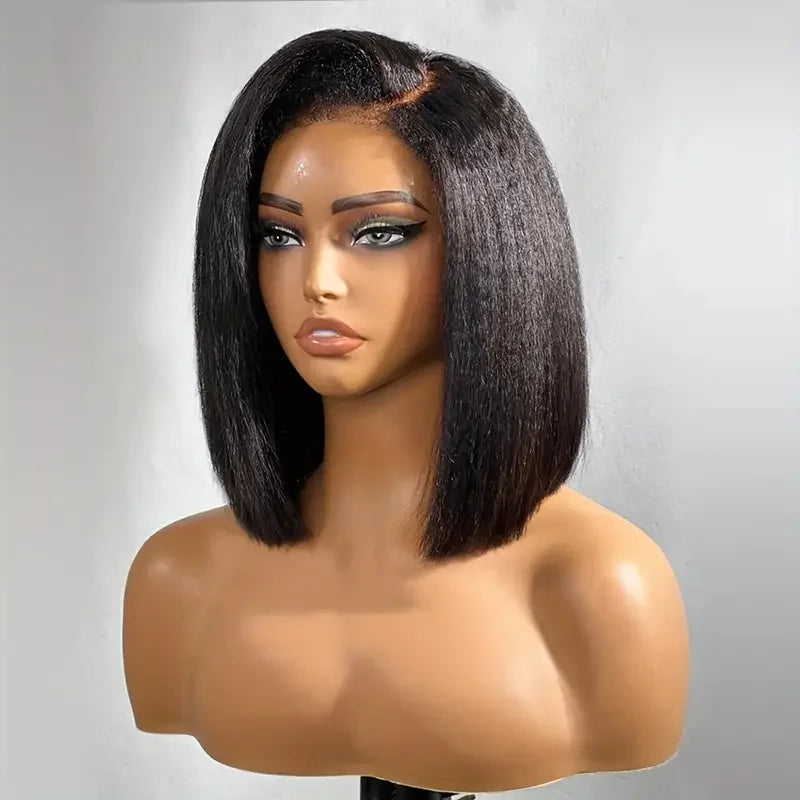 Peruvian Kinky Straight Wig Glueless Short Bob Wigs Human Hair 13X4 Yaki Straight Lace Front Wig Pre Plucked Closure Wig 180%