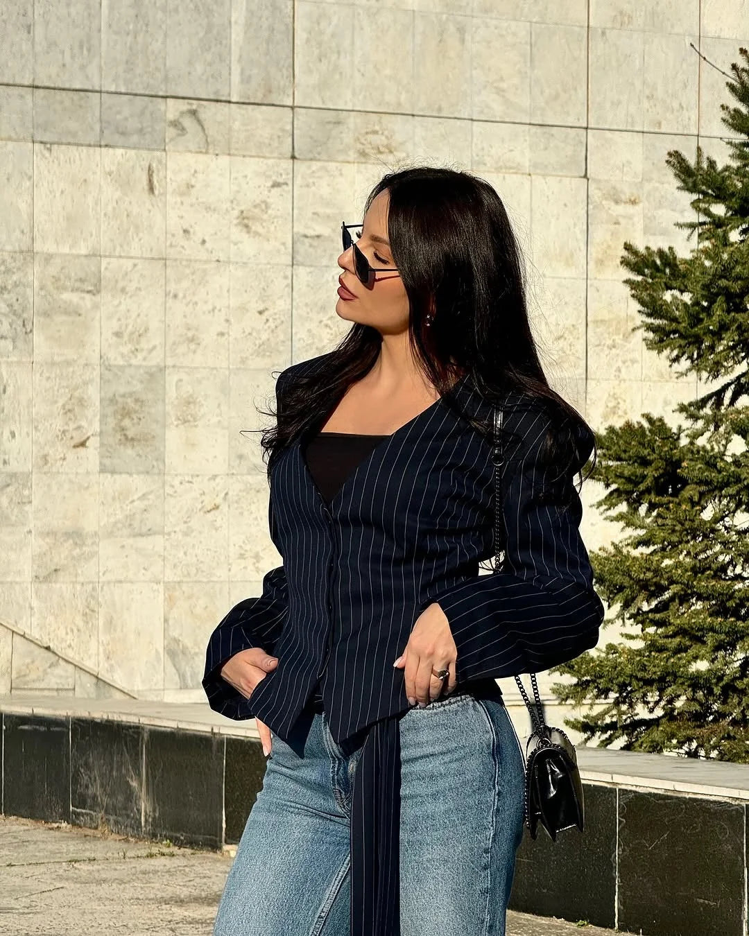 Tossy Elegant Female Striped Suit Coat For Women Scarf Lace-Up Patchwork V-Neck Long Sleeve Luxury Outwear Female Jackets Coat