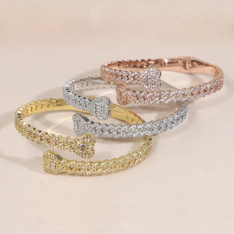 Iced Out Cuff Bangle Paved Setting Bling Cz Cubic Zirconia Wrist Cuban Chain Link Bracelets Fashion Hip Hop Jewelry for Women