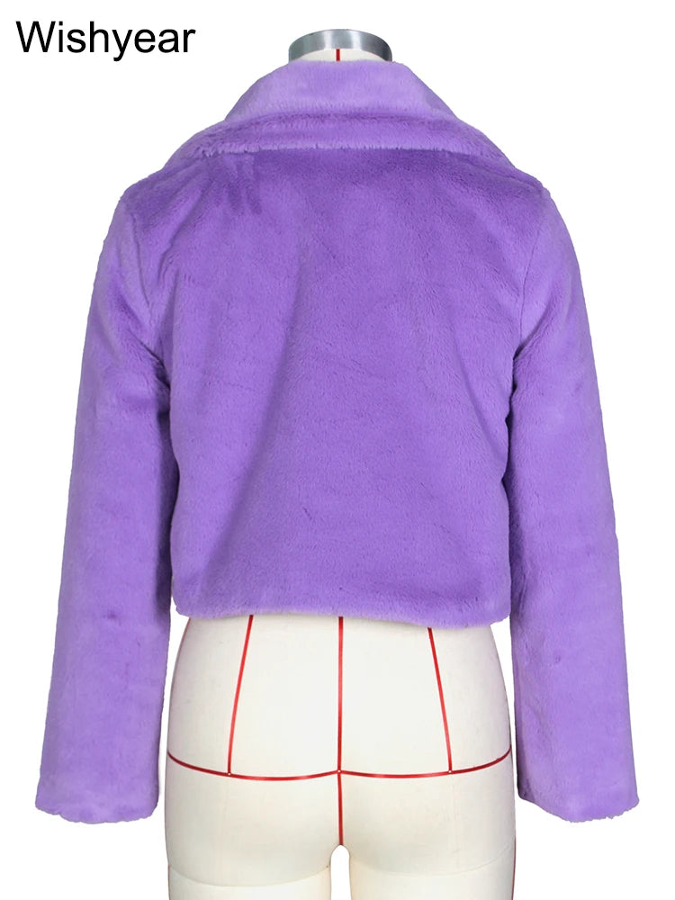 Fashion Faux Fur Open Stitch Lapel Crop Jackets Women Clothing Autumn Winter Solid Long Sleeve Warm Furry Fluffy Coat Outer Wear