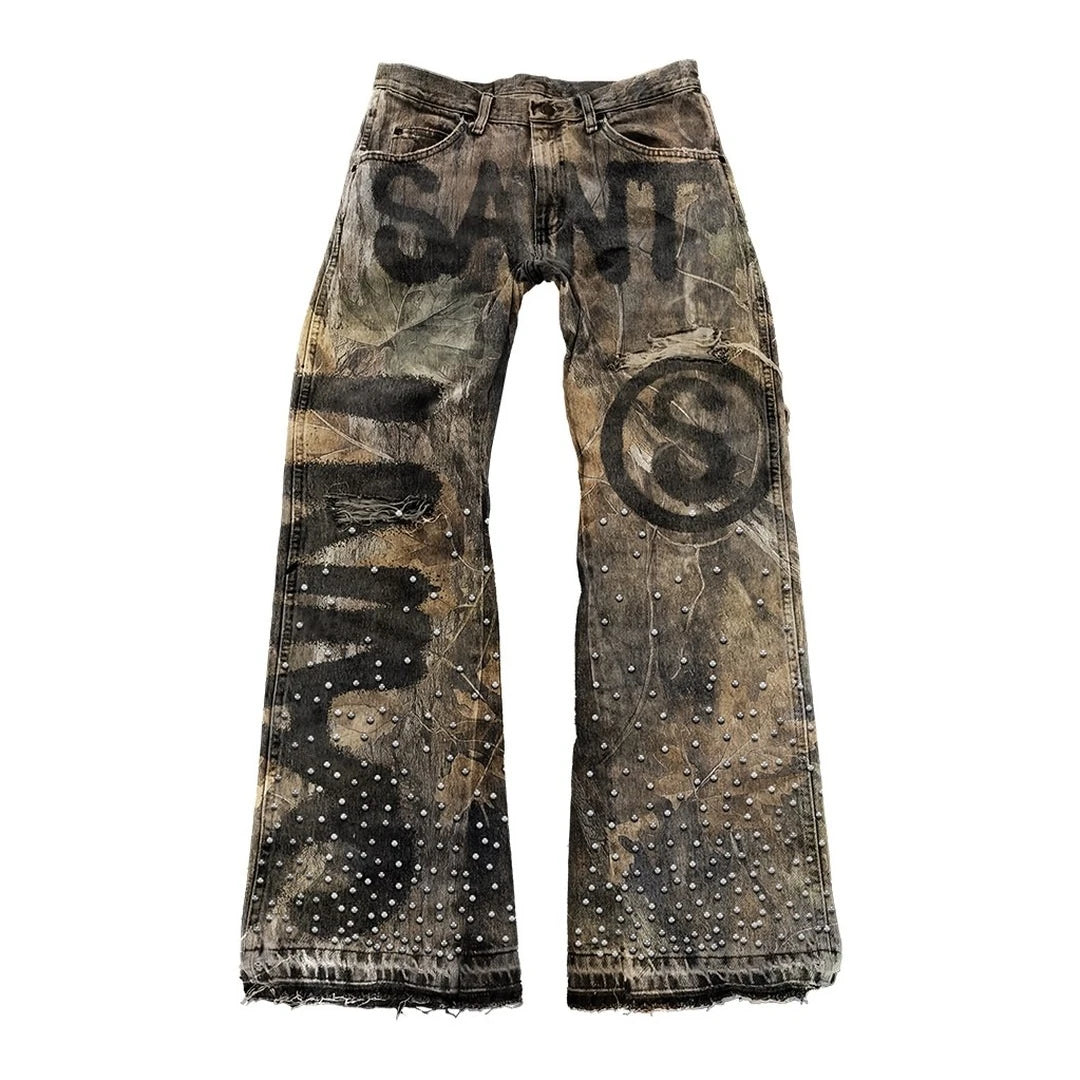 Vintage Leaves Camouflage Jeans Jacket Two Piece Set Y2K Suit Men Letters Rhinestone Sequins Oversized Coat Baggy Jeans Clothing