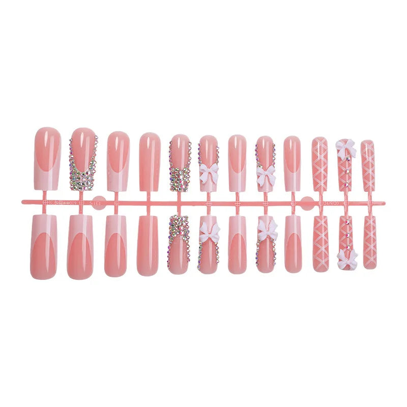 24pcs Long Ballet French Press on Nails with Cute Pink Bow Shiny Diamond Decor False Nail Tips Wearable Sweet Korean Fake Nails