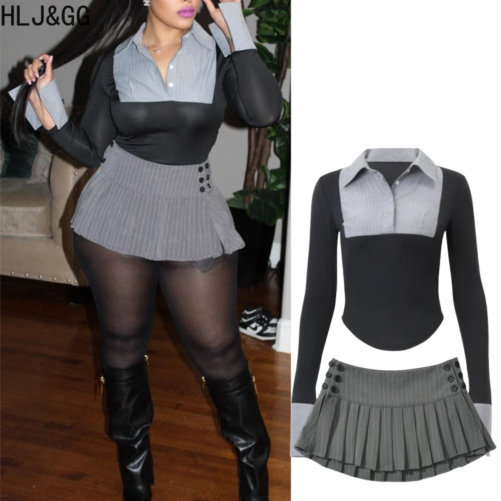HLJ&GG Fashion Stripe Patchwork Two Piece Sets For Women Preppy Style Polo-neck Button Slim Shirts + Pleated Mini Skirts Outfits
