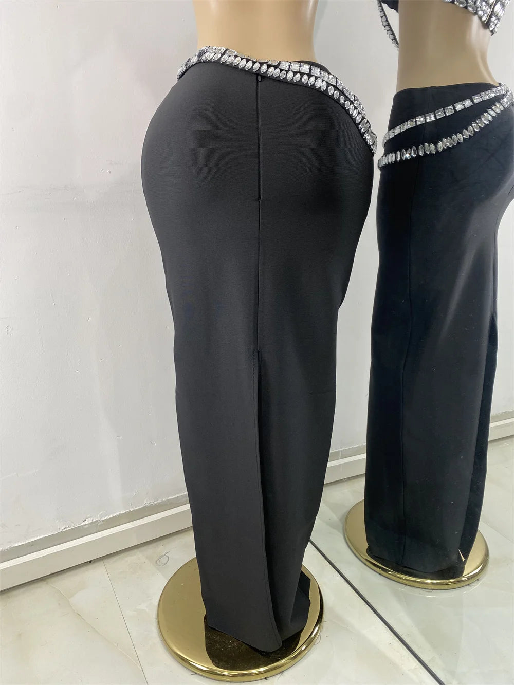Luxury Crystal Diamonds Top Skirt Two Pieces Women's Bandage Sets White Black Knitted Celebrity Evening Birthday Party Outfit