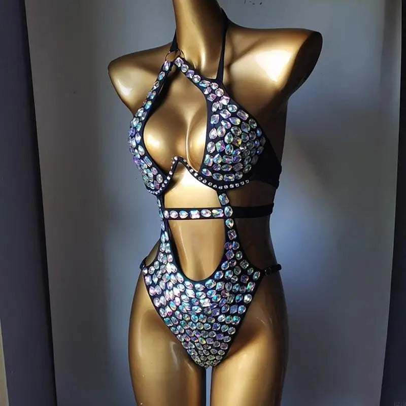 Rhinestones Bathing Suit for Women Cut Out Swimwear Backless Swimming Suit