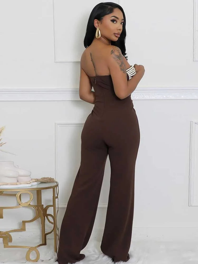 Women Summer Strapless Jumpsuit Sexy One Piece Outfits Cut Out Waist Party Jumpsuit Clothing Lady Full Length Backless Jumpsuits