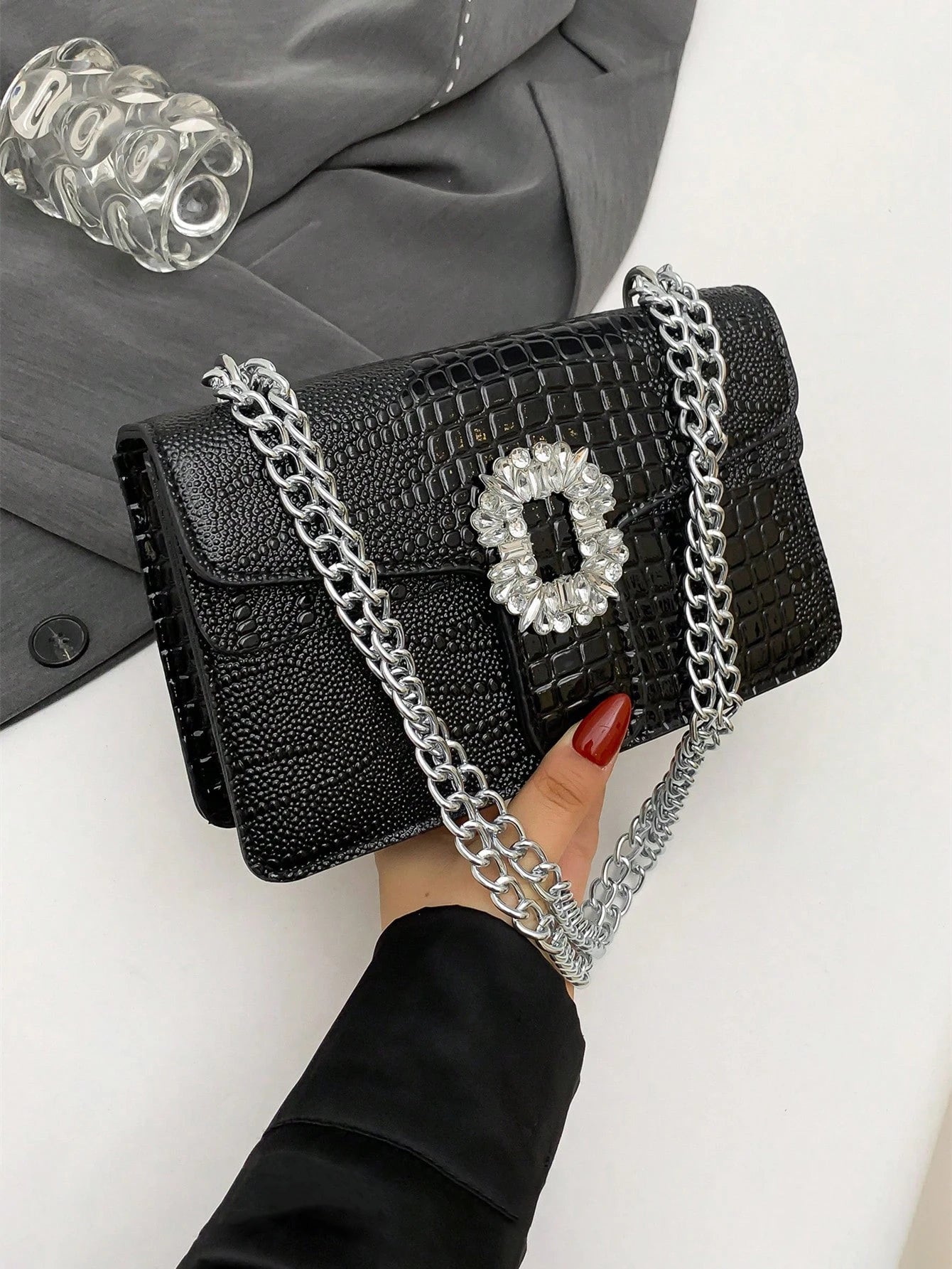 Crocodile Embossed Shoulder Bags For Women Flap PU Leather Fashion Rhinestone Decor Small Square Crossbody Bag Designer Handbag