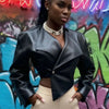 Sisterlinda Faux Leather Single Button Crop Jacket Women Autumn Trend Cross Neck Full Sleeve Wild Style Classic Streetwear Coat