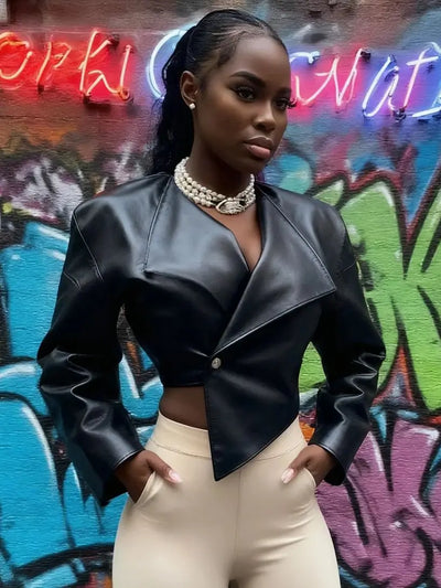 Sisterlinda Faux Leather Single Button Crop Jacket Women Autumn Trend Cross Neck Full Sleeve Wild Style Classic Streetwear Coat