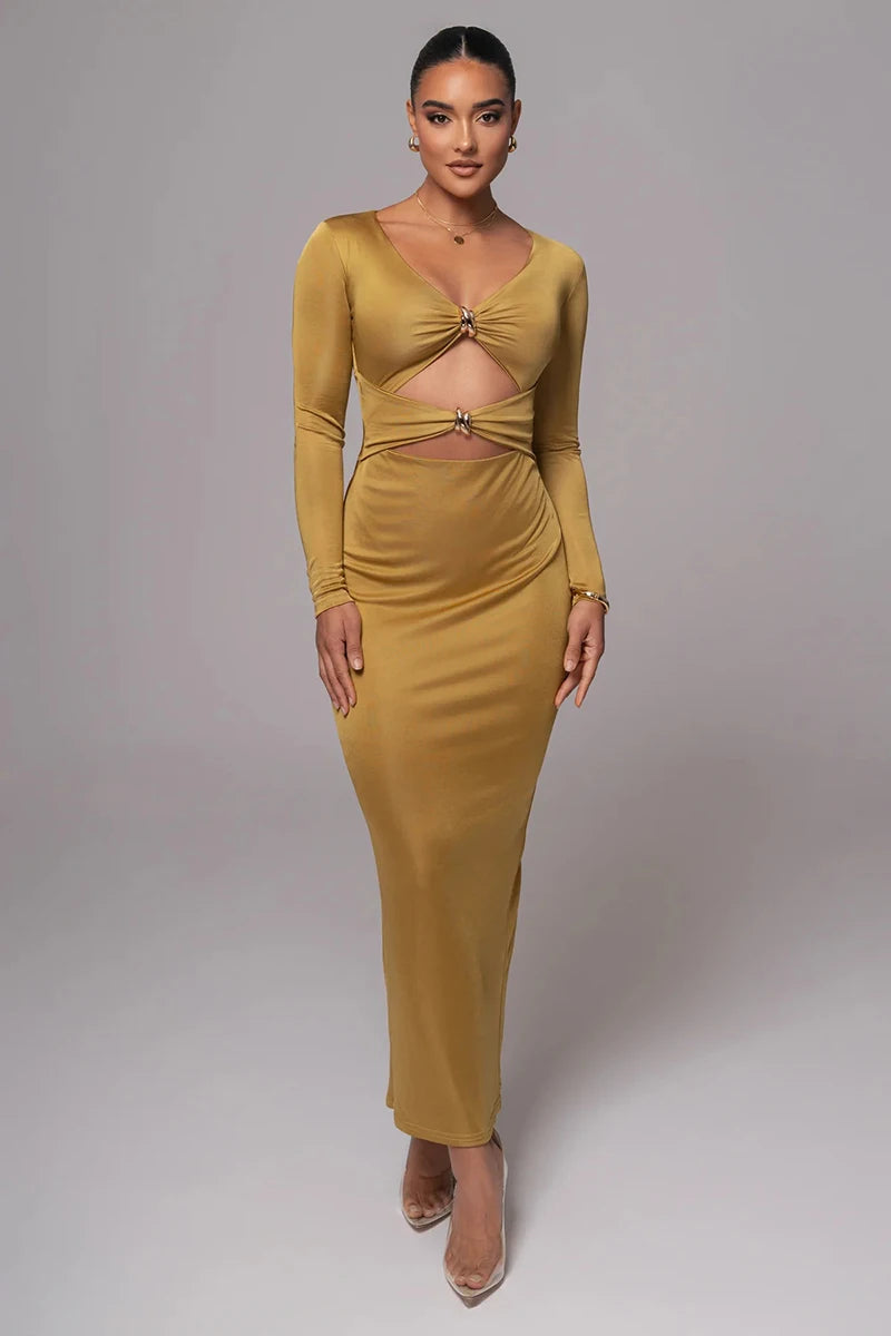 Mozision hollow out long sleeve sexy maxi dress for women fashion solid V neck back split bodycon club long dress elegant
