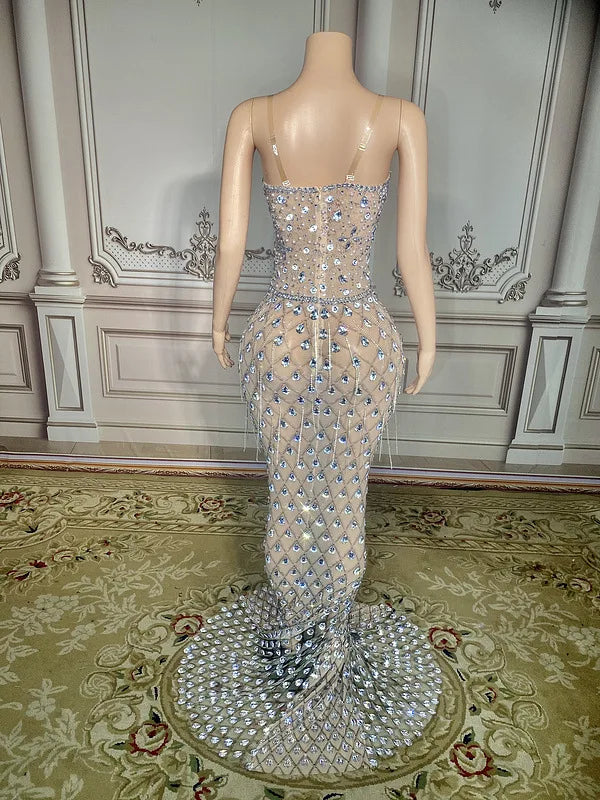 Charming Bright Crystal Dress Sexy Luxury Beaded Rhinestone Tulle Evening Dress Prom Party Dress Noble Wedding Wedding Dress