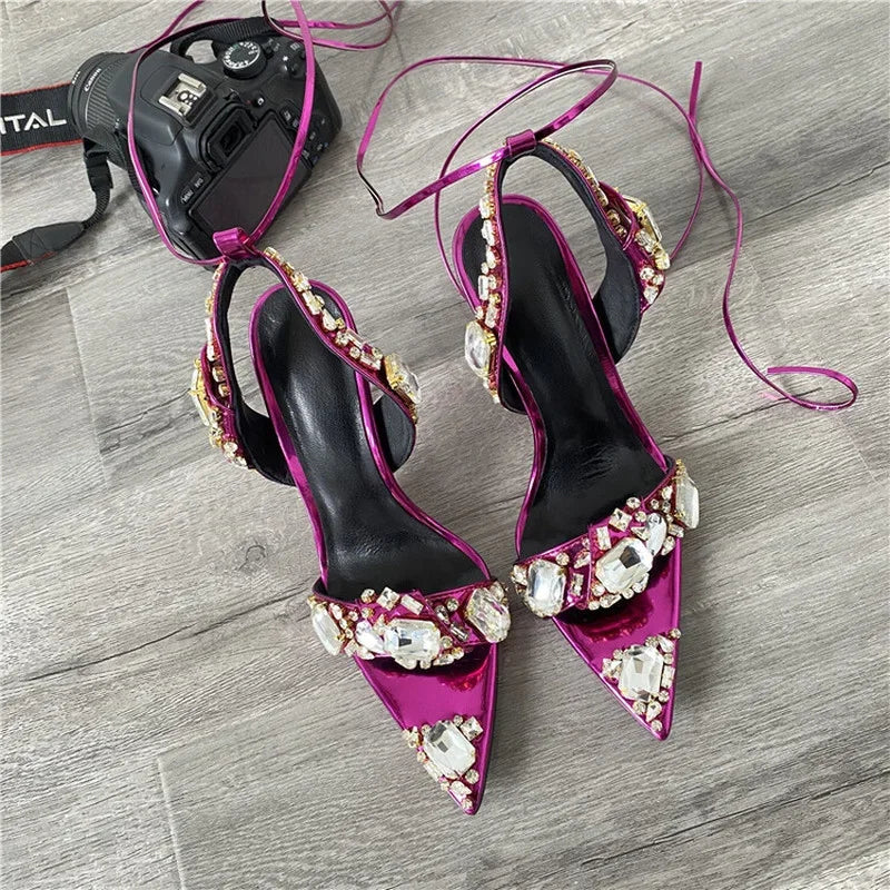 2024 Luxury Rhinestone Pointed Sandals Prom Super High Heel Sandals Slim Heel Dress Show Sandals Oversized 34-43 Women's Shoes