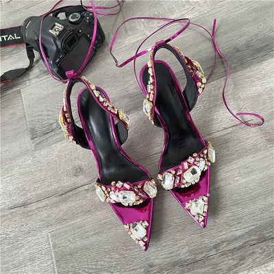 2024 Luxury Rhinestone Pointed Sandals Prom Super High Heel Sandals Slim Heel Dress Show Sandals Oversized 34-43 Women's Shoes