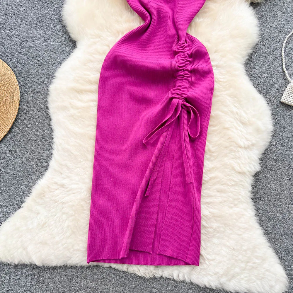 YuooMuoo Fashion Summer Bodycon Knitted Dress Sexy Package Hips Drawstring Split Black Women Dress Basic Lady Party Vestidos