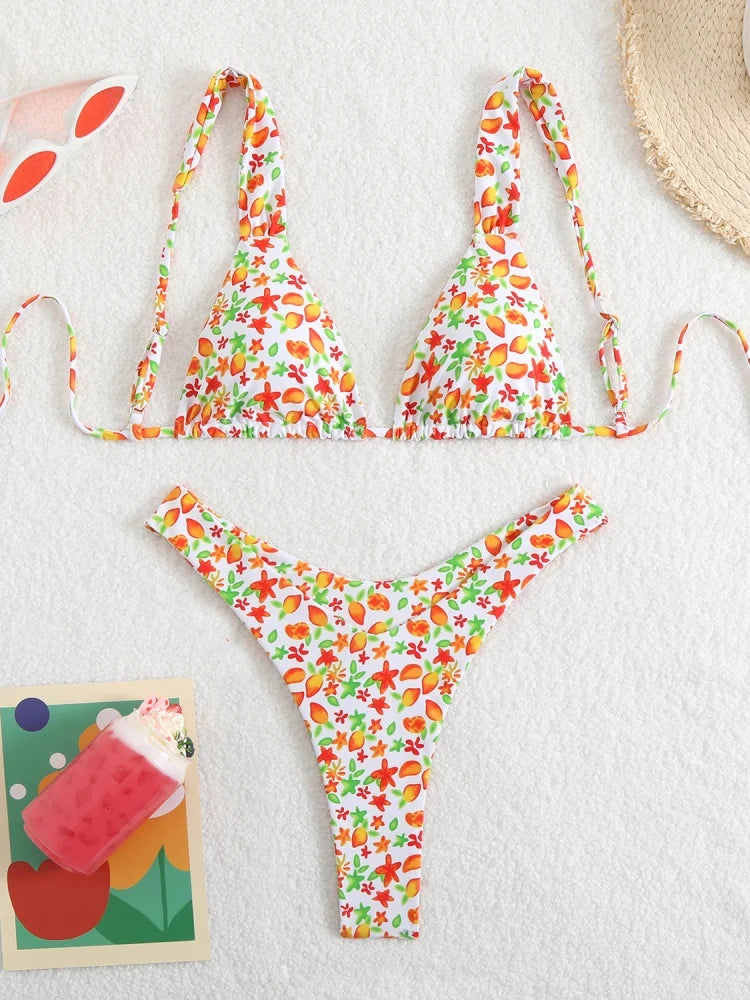 Bikini Women Swimsuit 2025 New Solid Print Sling Bikinis Set Sexy Thong Swimwear Summer Two Piece Beachwear Bathing Suit Female