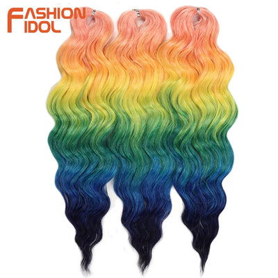 FASHION IDOL 24 Inch Synthetic Hair Water Wave Braiding Hair Extensions Ombre Rainbow color Deep Wave Curl Twist Crochet Hair