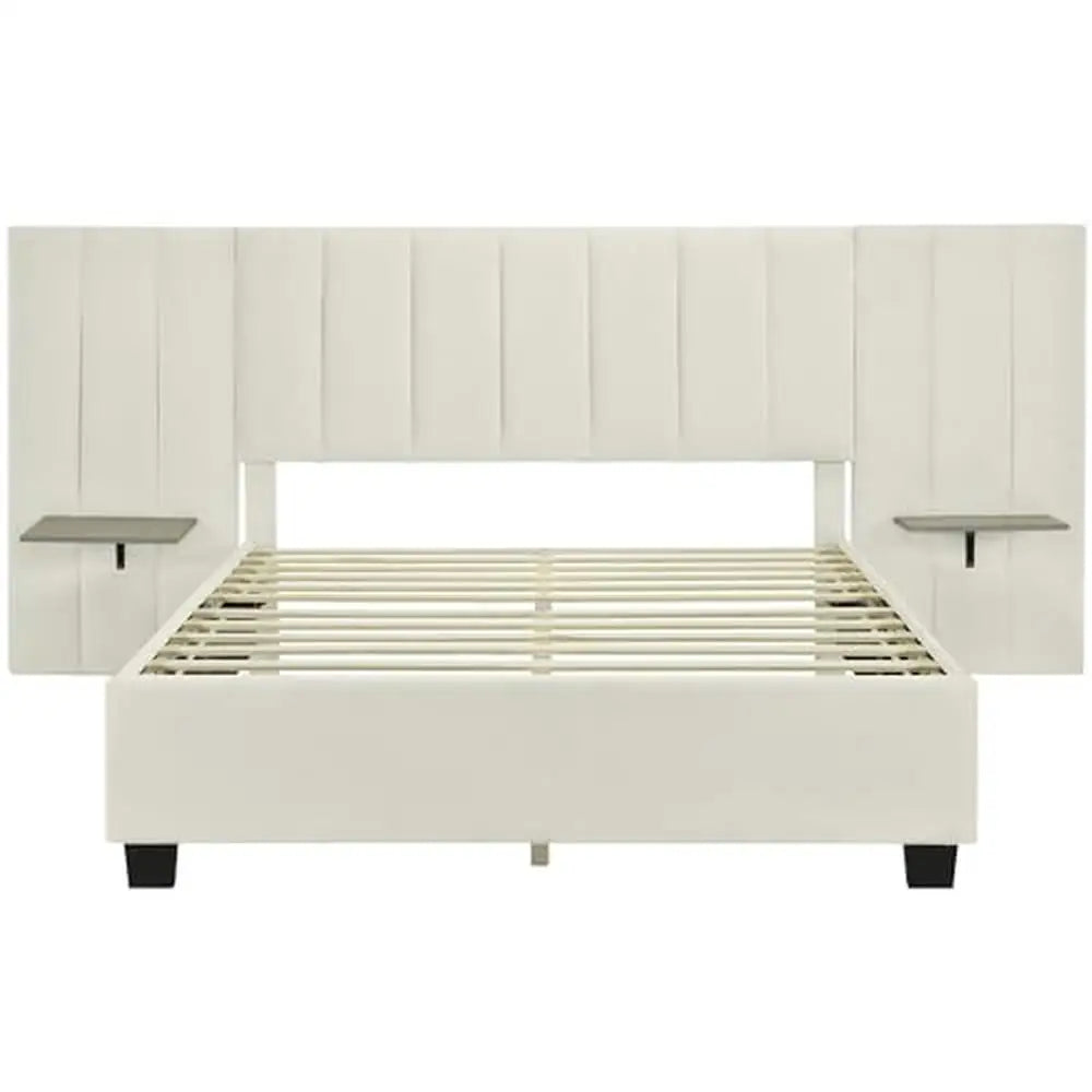 Queen Size Upholstered Platform Bed Velvet Fabric Big Headboard Wooden Frame Bedroom Storage Slat Support No Box Spring Needed
