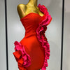 Women Sexy One Shoulder Red Ruffles Bodycon Bandage Dress 2025 Celebrity Elegant Evening Birthday Party Club Luxury Dresses