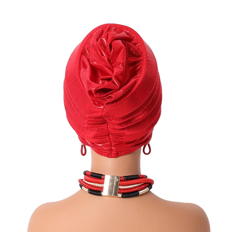 African Women's Auto Gele Headtie Nigeria Lady Pleated Head Wraps Muslim Headscarf Bonnet Turbante Mujer