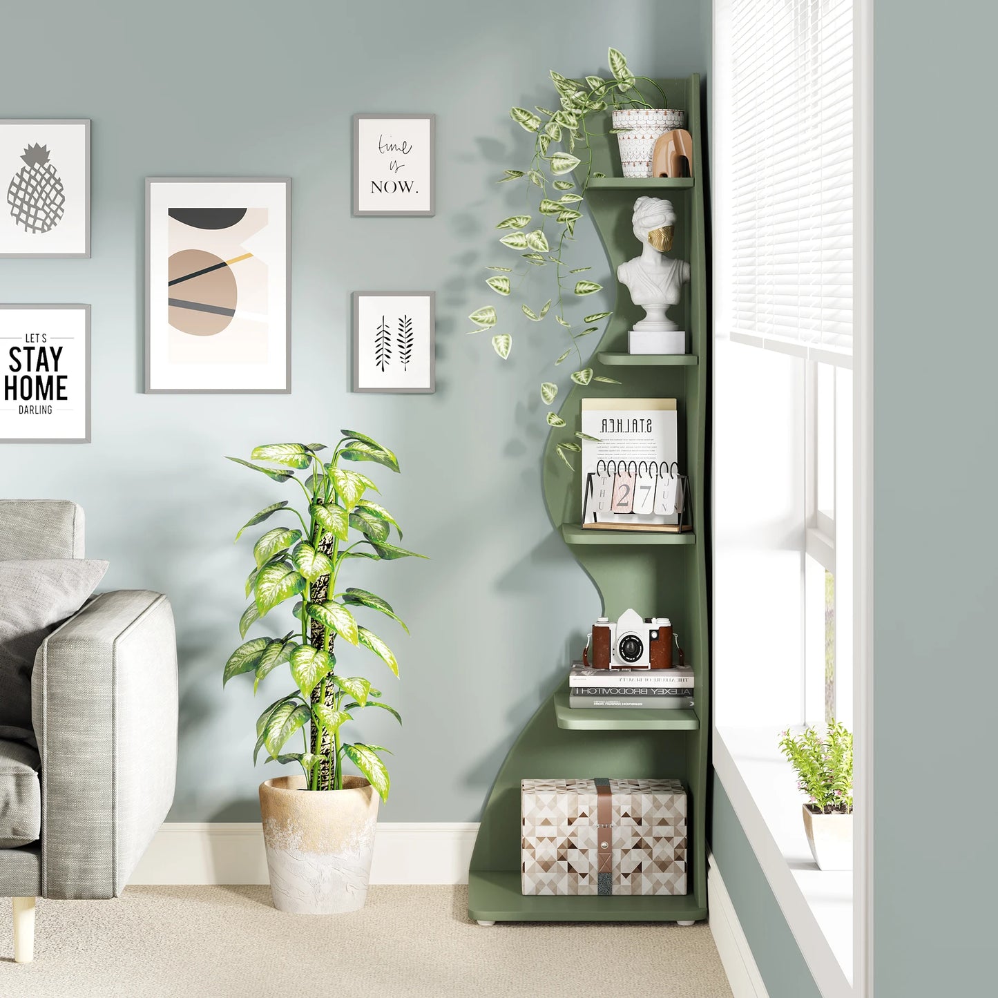 Tribesigns Corner Shelf, Modern 5-Tier Wall Corner Bookshelf, Stylish Corner Small Bookcase Storage Rack Plant Stand