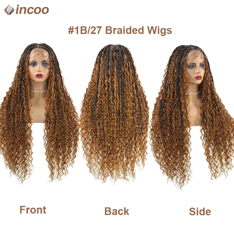 Boho Box Braided Wigs Curly Hair Synthetic Full Lace Front Wigs for Black Women Goddess Locs Braid Wig Bohemian Box Braid Wig