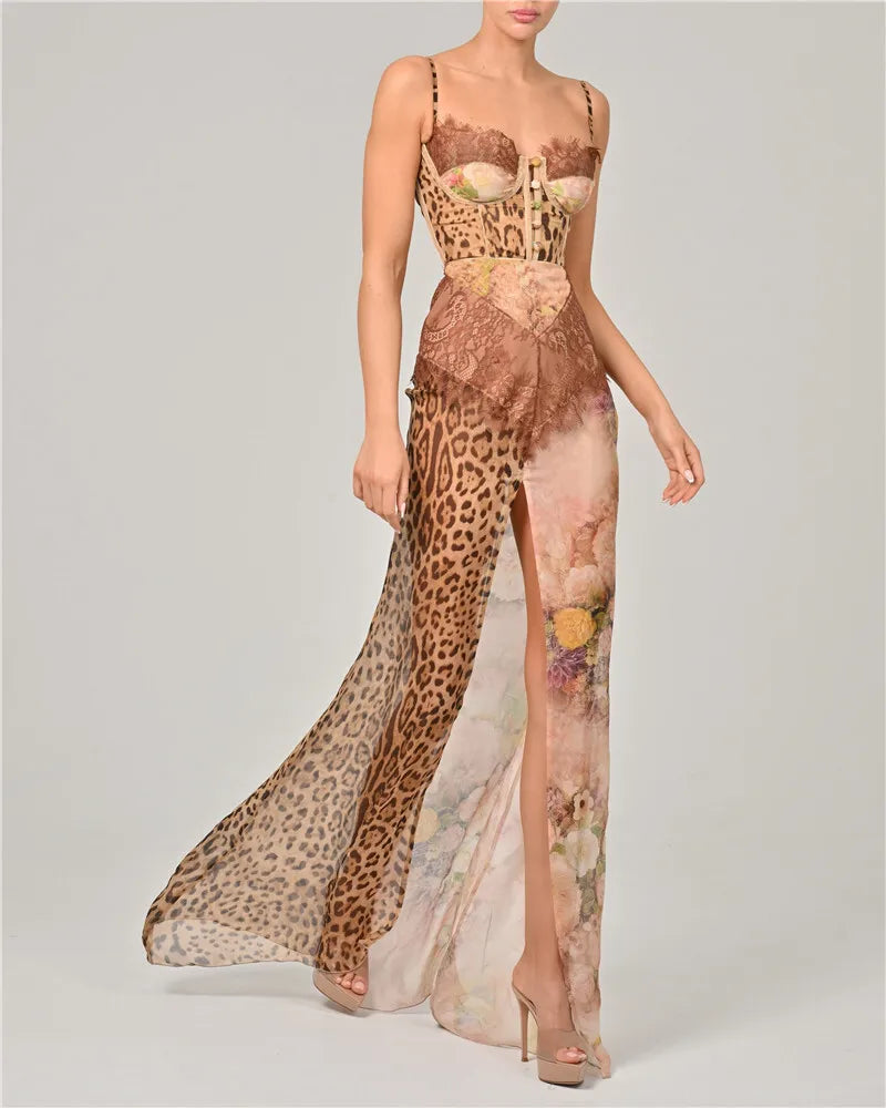Mozision Leopard Print Lace Split Sexy Maxi Dress Women Gown Elegant Patchwork Chiffon Sleeveless Backless Beach Evening Dress