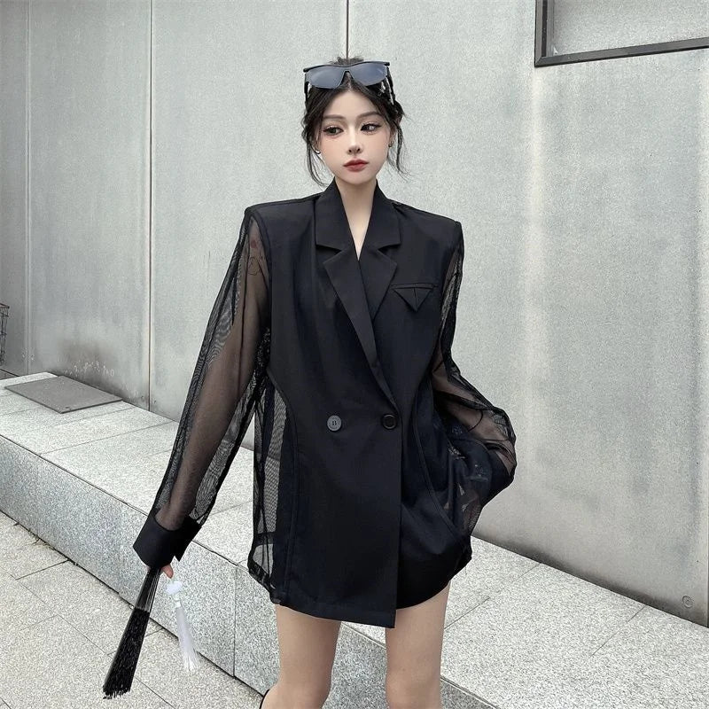Fashion Hollow Out Mesh Patchwork Blazer for Women Y2K Korean Chic Net Long Sleeves Loose Black Coat Gothic Casual Suit Jacket