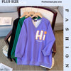 Plus-size women's Fall/Winter Casual commute loose and comfortable hoodie cartoon print purple green V-neck long sleeve top big
