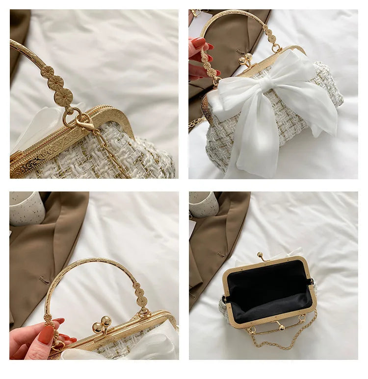 Glittering Chain Plaid Pattern Evening Bag For Women Bow Decor Shoulder Bag, Fashionable Elegant Clutch, Women‘s Crossbody Bag