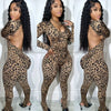 HLJ Sexy Backless Lace Up Leopard Bodycon Jumpsuits Women O Neck Long Sleeve Skinny Pants One Piece Playsuits Fashion Overall