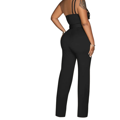Women Jumpsuits Sexy One Piece Sleeveless Slim Fit Overalls Backless Wide Leg Long Pants Tight Waist Belt Rompers Elegant Splice