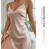 Silk Satin Lace Women Nightgown Sleeveless Cross Back Sleepwear Solid Color Deep V Neck Side Split Pajama Home Dress